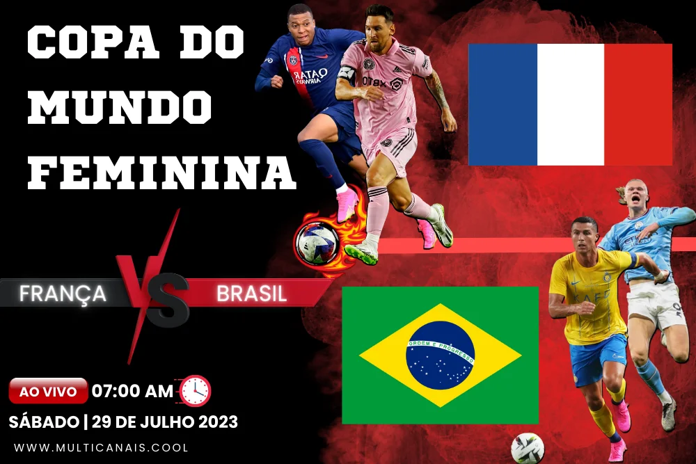 Banner do jogo de futebol França x Brasil para a Copa do Mundo Feminina no multicanais