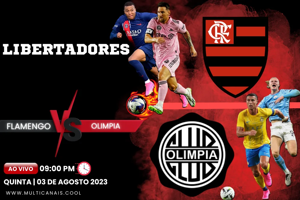 Banner de jogo de futebol FLAMENGO x OLIMPIA para a Libertadores em Multicanais