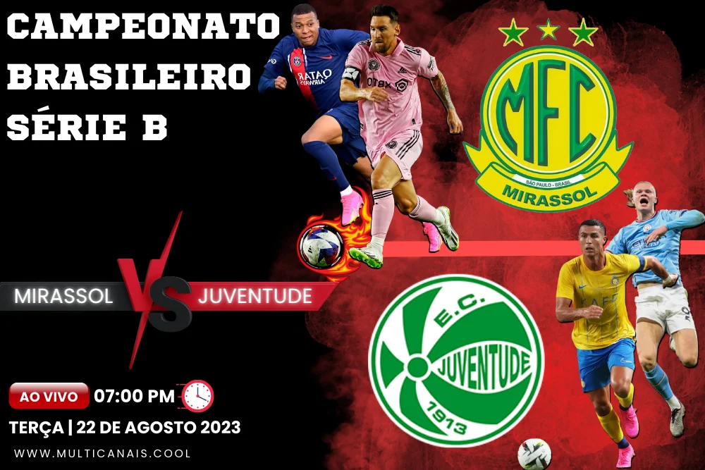 Banner de jogo de futebol MIRASSOL x JUVENTUDE para o Campeonato Brasileiro Série B em multicanais