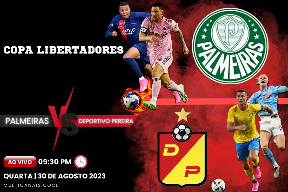 Banner de jogo de futebol PALMEIRAS x DEPORTIVO PEREIRA para a Copa Libertadores da América em multicanais