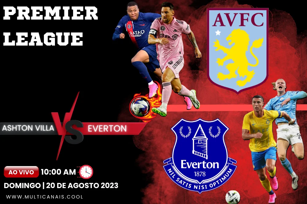 Banner do jogo de futebol Ashton Villa x Everton para a Premier League em multicanais