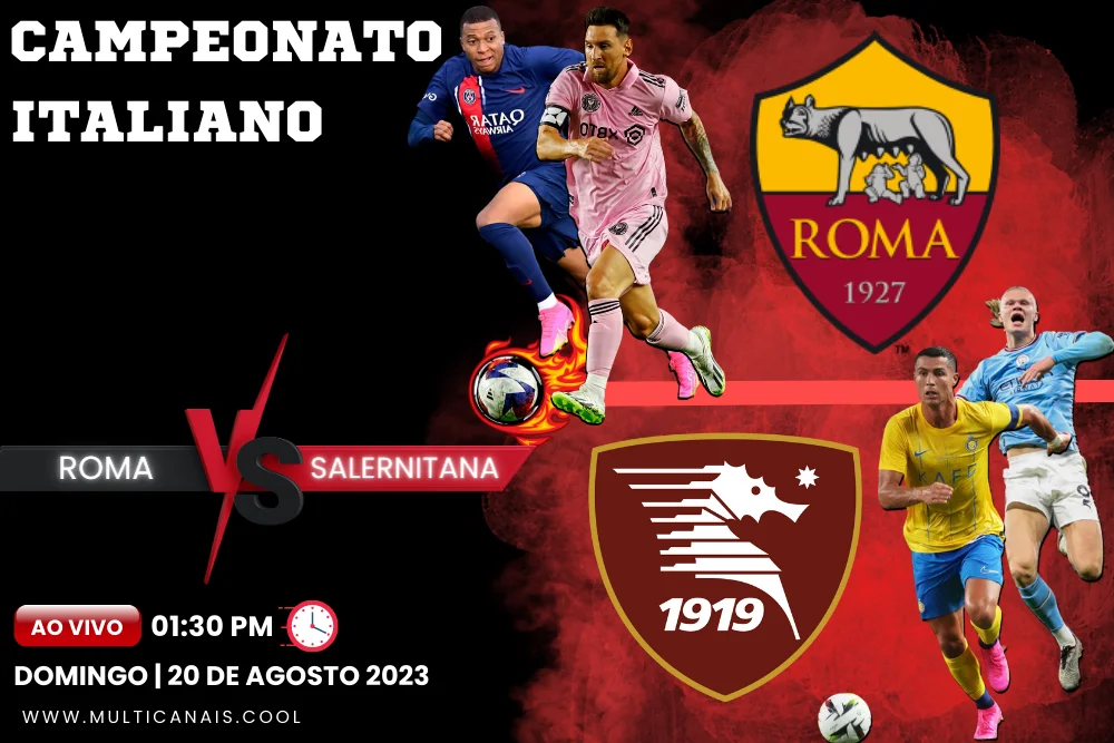 Banner do jogo de futebol Roma x Salernitana pelo Campeonato Italiano em multicanais