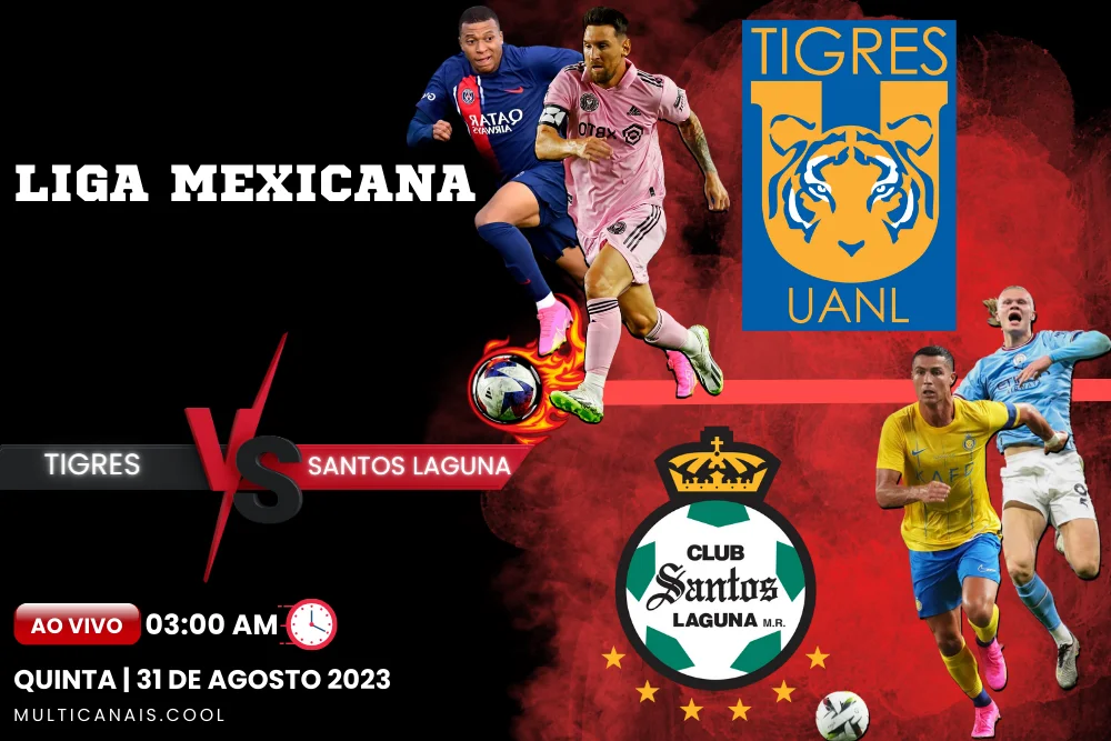 Banner do jogo de futebol TIGERS x SANTOS LAGUNA para a Liga Mexicana em Multicanais