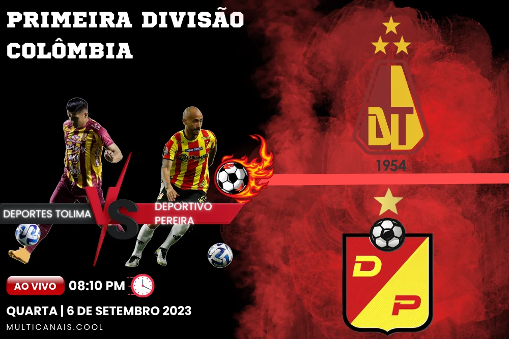 Banner da partida de futebol Deportes Tolima x Deportivo Pereira pela Primeira Divisão da Colômbia no multicanais