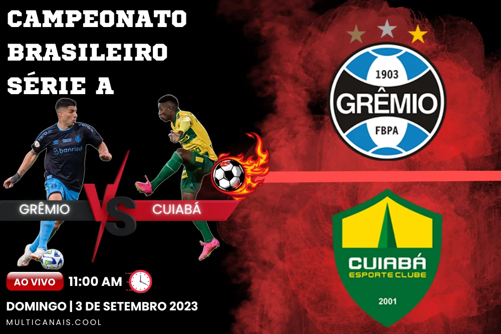 Banner de jogo de futebol GREMIO x CUIBA para o Campeonato Brasileiro Série A em multicanais